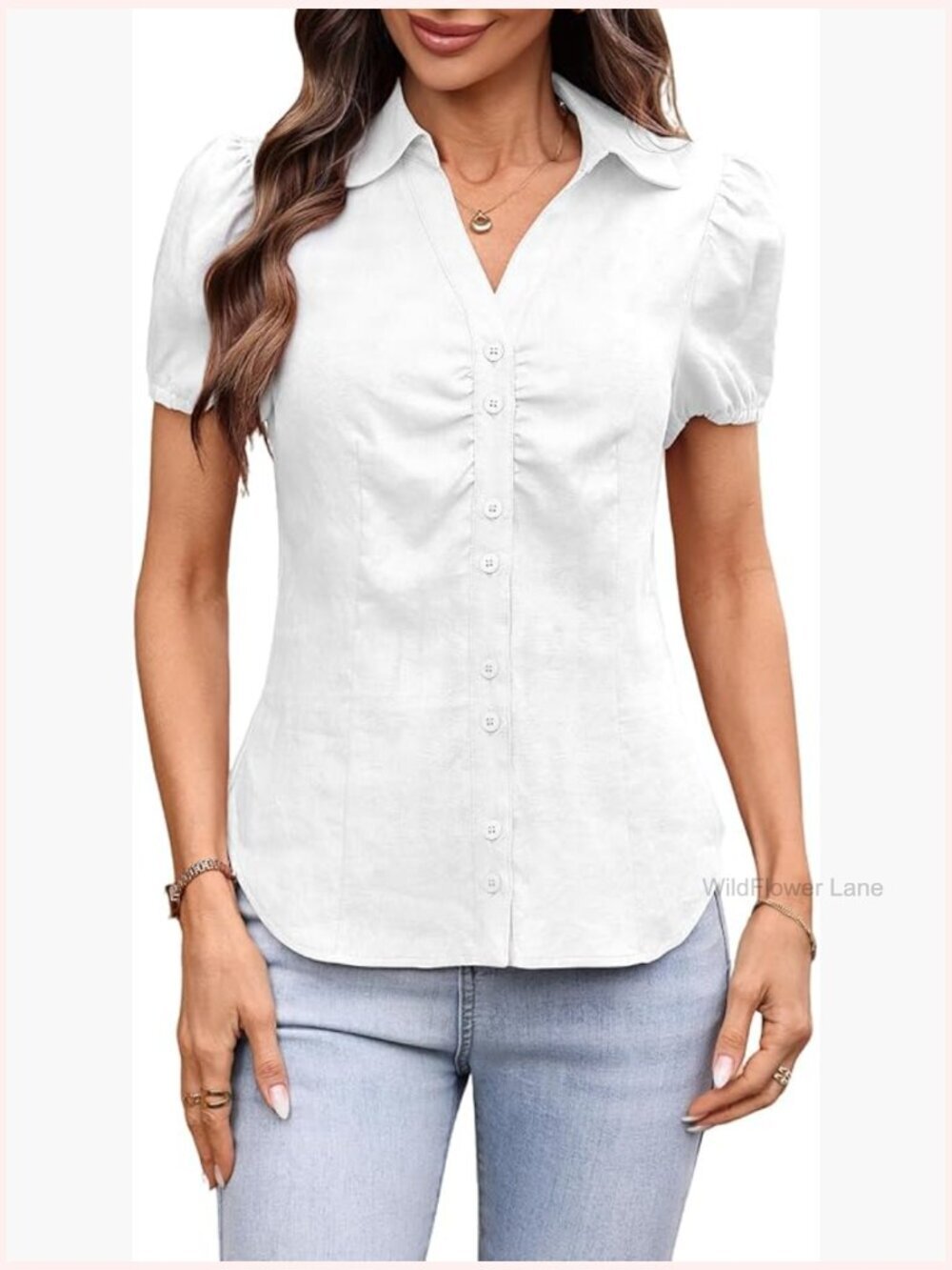 100% Linen Button Down Puff Sleeve Ruched Blouse Summer Top